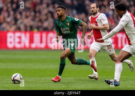 Amsterdam - Reiss Nelson de Feyenoord lors du match entre Ajax et Feyenoord à l'arène Johan Cruijff le 20 mars 2022 à Amsterdam, pays-Bas. (Bo Banque D'Images