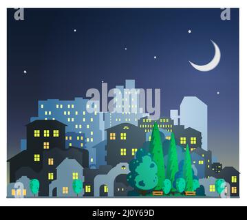Soirée ville dans un style plat, silhouettes de maisons avec lumière dans les fenêtres, un arbres et des bancs dans un parc de la ville, le ciel bleu foncé, la lune et les étoiles Illustration de Vecteur