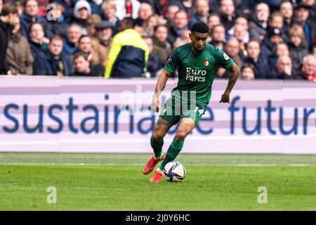 Amsterdam - Reiss Nelson de Feyenoord lors du match entre Ajax et Feyenoord à l'arène Johan Cruijff le 20 mars 2022 à Amsterdam, pays-Bas. (Bo Banque D'Images