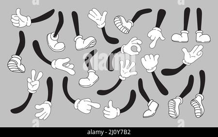 Paires de mascottes en gants. Paire de dessins animés mains et jambes comic vintage personnage, bras blanc gant pieds chaussure sneaker, Doodle objet ok geste main, isolé dessin vectoriel soigné. Couplez main et jambes Illustration de Vecteur