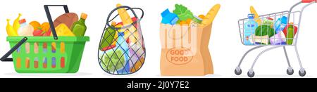 Paniers d'épicerie à dessin animé. Boîtes de supermarché, chariot en plastique avec acheter de la nourriture, sac de magasin d'alimentation, boîte de produits de charité pain de lait frais de légumes, illustration claire de vecteur. Boîte à panier d'épicerie Illustration de Vecteur