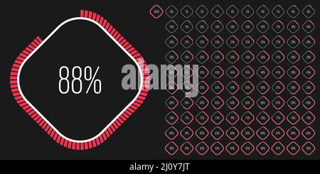 Ensemble de diagrammes de pourcentage rectangulaires mètres de 0 à 100 prêts à l'emploi pour la conception Web, l'interface utilisateur ou l'infographie - indicateur avec rouge Illustration de Vecteur