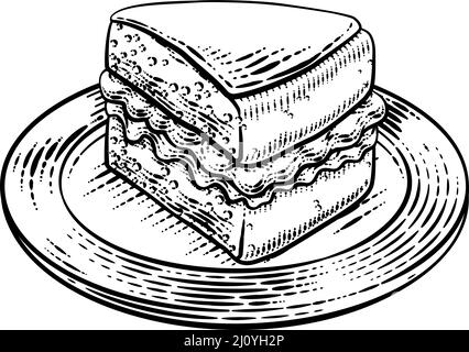 Gâteau Eponge Slice Jam Cream Woodcut dessin Illustration de Vecteur