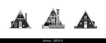 Ensemble de cabines triangulaires noires et blanches. Icônes de petites maisons modernes isolées sur fond blanc. Illustration de Vecteur