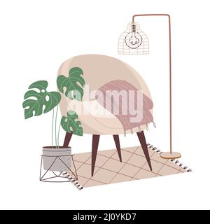 Intérieur confortable. Fauteuil élégant avec un plaid, un lampadaire et une plante monstère. Composition vectorielle de style plat Illustration de Vecteur
