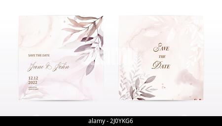 Jeu de cartes carrées à aquarelle feuillages bruns. Collection aquarelle botanique vecteur approprié pour l'invitation de mariage, enregistrer la date, tha Illustration de Vecteur