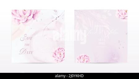 Jeu de cartes carrées à l'aquarelle de fleurs roses. Collection aquarelle botanique vecteur approprié pour l'invitation de mariage, enregistrer la date, Illustration de Vecteur