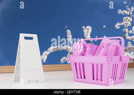 Assortiment de produits de nettoyage tous en rose sur fond floral d'amandiers. 3d rendu Banque D'Images