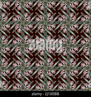 Motif floral vintage sans couture de fleurs et bourgeons de freesia dans le style art nouveau, répétition de l'ornement botanique dans les couleurs bordeaux, rose et vert Banque D'Images