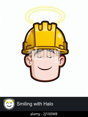 Icône d'un travailleur de la construction visage souriant avec l'expression émotionnelle Halo. Tous les éléments sont soigneusement présentés sur des couches et des groupes bien décrits. Illustration de Vecteur