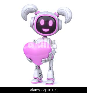 Adorable robot fille rose tenant coeur rouge 3D Banque D'Images