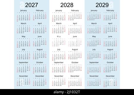 Planificateur de calendrier 2027, 2028, 2029, modèle de planificateur de conception d'entreprise. La semaine commence le dimanche Illustration de Vecteur