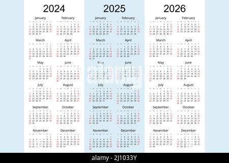 Planificateur de calendrier 2024, 2025, 2026, modèle de planificateur de conception d'entreprise. La semaine commence le dimanche Illustration de Vecteur