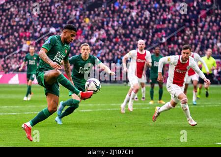 Amsterdam - Reiss Nelson de Feyenoord lors du match entre Ajax et Feyenoord à l'arène Johan Cruijff le 20 mars 2022 à Amsterdam, pays-Bas. (Bo Banque D'Images