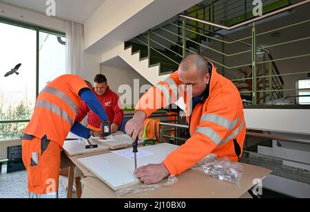 Jena, Allemagne. 21st mars 2022. Des ouvriers de Kommunal Service Jena assemblent des meubles de cuisine dans un abri pour les réfugiés ukrainiens à Jena-Zwätzen. Environ 800 000 réfugiés sont actuellement arrivés à Jena. Un hébergement partagé a déjà été mis à disposition à Jena. Credit: Martin Schutt/dpa-Zentralbild/dpa/Alay Live News Banque D'Images