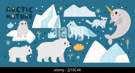 Nature arctique mignonne. Caractères animaux du Nord. Icebergs et floes de glace. Ours blancs avec cub et renard. Les habitants du climat froid. Hibou et narval de l'océan Illustration de Vecteur