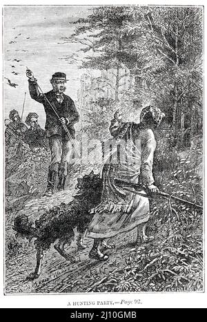 A Hunting Party from the book ' The fur Country ' or AKA ' Seventy Degrees North latitude ' by Jules Verne, 1828-1905 Date de publication 1877 Editeur Londres : Sampson Low, Marston, Searle, & Rivington. Résumé de la parcelle en 1859 le lieutenant Jasper Hobson et d'autres membres de la Compagnie de la Baie d'Hudson traversent les Territoires du Nord-Ouest du Canada jusqu'au cap Bathurst, sur l'océan Arctique, en vue de créer un fort à 70 degrés, au nord du cercle arctique. La région où ils viennent est très riche en faune et en ressources naturelles. Jasper Hobson et son parti établissent un fort ici. À un moment donné, un Banque D'Images