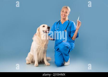 Infirmière en exfoliant uniforme posant avec la seringue de maintien de chien Banque D'Images