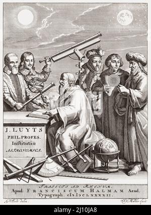 Six astronomes. Un hommage aux astronomes à travers les âges. De gauche à droite : Galileo Galilei, Johannes Hevelius, Tycho Brahe, Nicolaus Copernic, Claudius Ptolémée. Assis est Hipparchus de Nicaea, c. 190 - c. 120 BC, considéré parmi les plus grands des premiers astronomes. Après un travail de Joseph Mulder et Gerard Hoet qui a été utilisé comme page de titre de Joannis Luyts 1692 travail Astronomica institutio. Banque D'Images