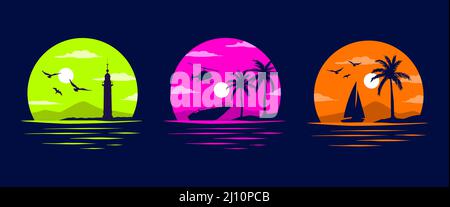 Phare, plage et Sea Shore. Miami California Hawaii design. Art. Vecteur tatouage vieille école. Couchers de soleil rouges avec silhouettes | graphiques vectoriels Illustration de Vecteur