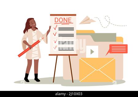 Travail d'une femme avec un document papier de liste de contrôle, petit employé debout près du bord avec des tâches Illustration de Vecteur