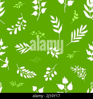 Feuilles blanches et vert clair, brindilles sur fond vert. Motif de fines herbes sans fin. Design écologique simple et agréable pour des tirages sur papier, tissu Banque D'Images