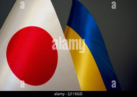 Drapeaux de l'Ukraine et du Japon sur fond sombre. Banque D'Images