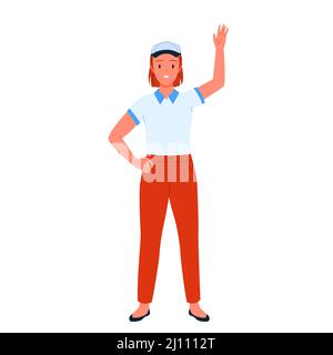 Gardien de magasin dans l'uniforme de magasin ou employé du magasin debout et en signe de main aux clients Illustration de Vecteur
