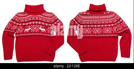 Pull de Noël chaud à col roulé pour enfants (pull Ugly) avec motif rose en tricot norvégien (Selburose) ornement avant et arrière sur fond blanc Banque D'Images