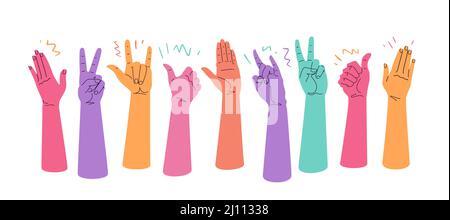 Les gestes à mains levées expriment le bonheur et le succès. Une foule de gens se réjouissent de l'illustration vectorielle Illustration de Vecteur