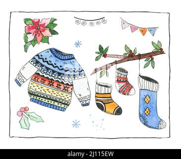 Ensemble de Noël dessiné à la main. Vecteur Illustration de Vecteur