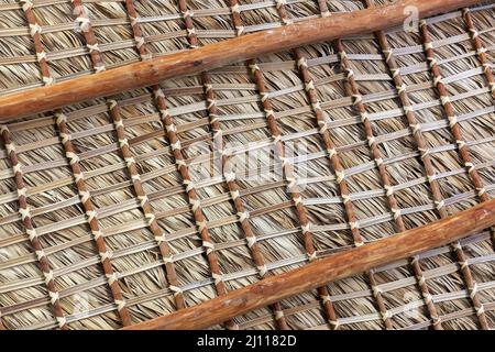 Détails internes du toit de palmier, cadre de poutres non colorées et feuilles de palmier Banque D'Images