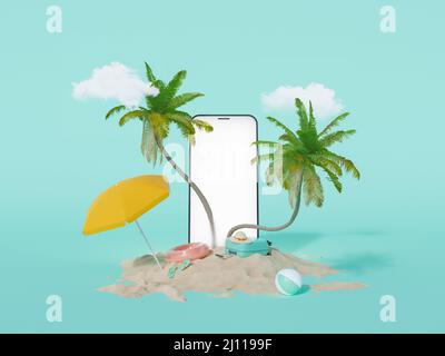 écran de téléphone mobile avec palmiers sortant et sable de plage en dessous avec accessoires de voyage d'été. 3d rendu Banque D'Images