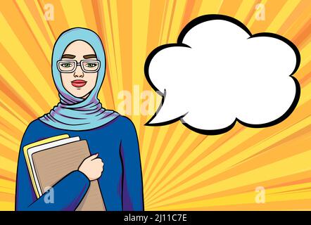 Jeune fille étudiante musulmane dans hijab tenant des livres et souriant avec l'espace de copie pour votre texte, bannière dessinée à la main dans le style pop art rétro BD, vecteur Illustration de Vecteur