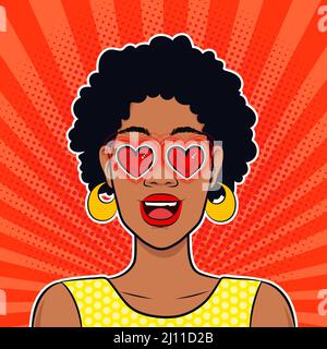Pop art excitée visage de femme noire avec la bouche ouverte et les yeux de coeur. Femme afro-américaine en amour expression faciale dans le style rétro comique Illustration de Vecteur