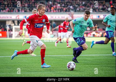 Silkeborg, Danemark. 20th, mars 2022. Sebastian Jorgensen (27) de Silkeborg S'IL est vu pendant le match Superliga de 3F entre Silkeborg IF et FC Midtjylland au parc JYSK à Silkeborg. (Crédit photo: Gonzales photo - Morten Kjaer). Banque D'Images