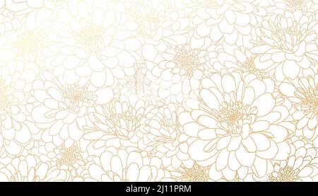 Fleurs de chrysanthème doré en dessin au trait sur fond blanc. Imprimé décoratif pour les papiers peints, les enveloppes, les invitations de mariage, les salutations, les backdrop. Illustration de Vecteur