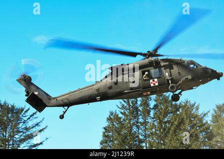 Un hélicoptère Black Hawk UH-60 de la Garde nationale de l’Armée de l’Oregon décollera d’une zone d’atterrissage lors de la phase d’essai de l’épreuve de Mogadishu de la compétition Best Warrior 2022, le 19 mars, au Camp Rilea près de Warrenton, en Oregon. Walls a remporté la catégorie Soldier pendant la compétition de 3 jours, Qui mettent à l'épreuve les soldats et les officiers non commissionnés les mieux enrôlé pour leur aptitude au moyen d'entrevues de conseil d'administration, de tests de condition physique, d'examens écrits, de simulations de guerre urbaine et d'autres tâches clés de soldat pertinentes à l'environnement opérationnel de l'Armée de terre. (Photo de la Garde nationale aérienne par John Hughel, département militaire de l'Oregon) Banque D'Images