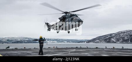 Un aviateur de la Royal Netherlands Air Force facilite l'atterrissage d'un hélicoptère AS-532U2 Cougar lors de l'exercice Cold Response 2022, le 17 mars 2022. L'aviateur est affecté au HNLMS de Rotterdam et l'hélicoptère est affecté au 300 Escadron du Commandement de l'hélicoptère de défense de la Royal Netherlands Air Force. L'exercice Cold Response '22 est un exercice biennal de préparation nationale et de défense norvégien qui a lieu dans toute la Norvège, avec la participation de chacun de ses services militaires, ainsi que de 26 autres nations alliées de l'Organisation du Traité de l'Atlantique Nord et partenaires régionaux. (É.-U. Marine Co Banque D'Images