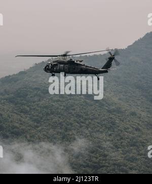 Un équipage D'hélicoptère UH-60 Black Hawk, affecté au 2nd Bataillon, 25th combat Aviation Brigade, vole dans le cadre de l'entraînement en formation aérienne pendant Hanuman Guardian 22, lop Buri, Royaume de Thaïlande, 19 mars 2022. Ensemble, l'armée américaine et l'armée royale thaïlandaise organisent des événements multinationaux de groupes de travail combinés qui sont essentiels au maintien de l'état de préparation et de l'interopérabilité des forces de sécurité dans la région. (É.-U. Photo de l'armée par le sergent d'état-major. Timothy Hamlin) Banque D'Images