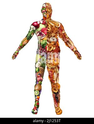 Saine et malsaine alimentation et choix de régime ou de nutrition comme une graisse et la personne normale fait de la malbouffe ou des ingrédients frais naturels. Banque D'Images