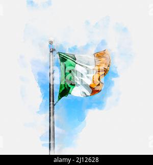 Peinture aquarelle illustration de tricolore irlandais volant en plein soleil contre le ciel bleu Banque D'Images