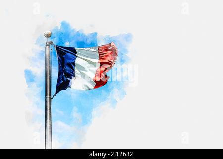 Croquis aquarelle d'un drapeau français sur fond bleu ciel Banque D'Images
