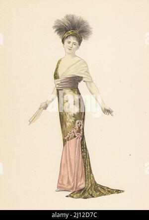 Madame Pierat dans une robe asymétrique de la marque de couture Redfern dans les Marionettes de Pierre Wolff, interprétée à la Comédie-française, 1911. Modes les. Lithographie pochorale de couleur main de Marcel Bry, de Raymonde See’s le Costume de la Révolution a nos jours, Editions de la Gazette des Beaux-Arts, Paris, 1929. Banque D'Images