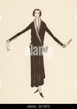 Femme à la mode dans une robe style kimono, 1920s. Peignoir manteau de Jean Patou. Lithographie de Marcel Bry après un croquis de Jean Patou du Costume de la Révolution a nos jours de Raymonde See, Éditions de la Gazette des Beaux-Arts, Paris, 1929. Banque D'Images