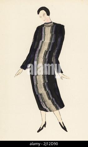 Robe brodée après une esquisse de la designer Sonia Delauney, 1925. Manteau brode. Lithographie pochorale de couleur main de Marcel Bry, de Raymonde See’s le Costume de la Révolution a nos jours, Editions de la Gazette des Beaux-Arts, Paris, 1929. Banque D'Images