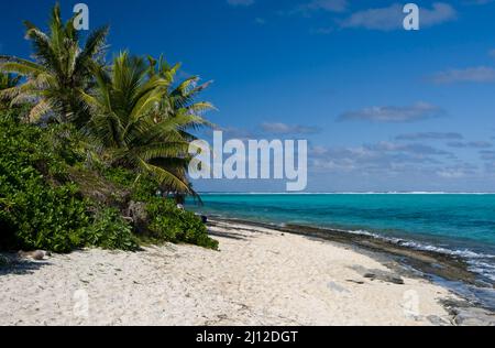 Tiny Mystery Island est une île parfaite, avec des sentiers sablonneux qui mènent à des plages blanches bordées de cocotiers et de lagons limpides, Banque D'Images