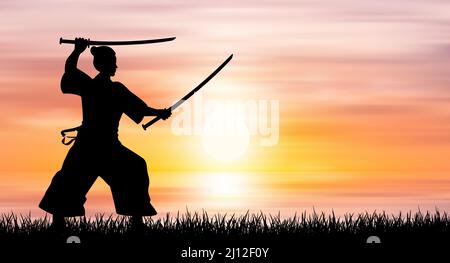 Un homme se tient avec une épée dans ses mains contre la toile de fond d'un coucher de soleil. Samouraï sur le fond du coucher de soleil sur la mer. Illustration de Vecteur