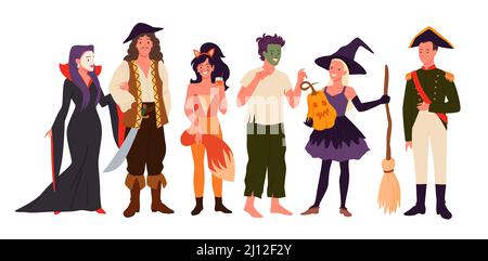 Sorcière de la petite fille de dessin animé tenant le balai et la citrouille, homme zombie, pirate et capitaine isolés sur blanc. Personnages en costumes pour Halloween fête amusante Illustration de Vecteur