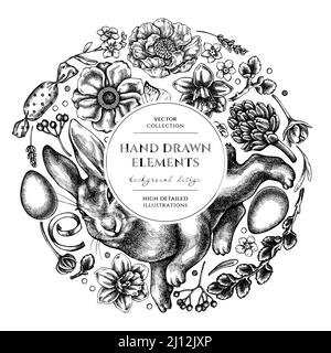 Motif couronne de Pâques. Lapin tiré à la main, œufs, branches de saule, etc Illustration de Vecteur